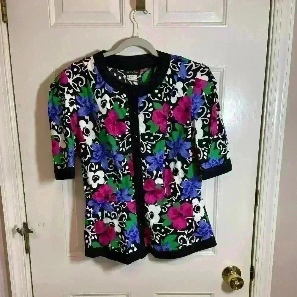 Vintage A.S.‎ Elliot Women's Short Sleeve 100% Cotton Floral Blouse Size 14W